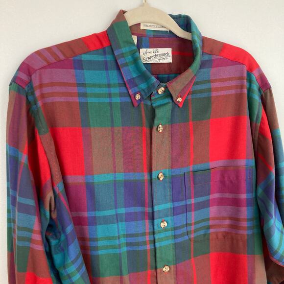 Vintage 90s Sears Roebuck Mens XL Rainbow Madras Plaid Button Up Shirt Retro - Picture 1 of 11